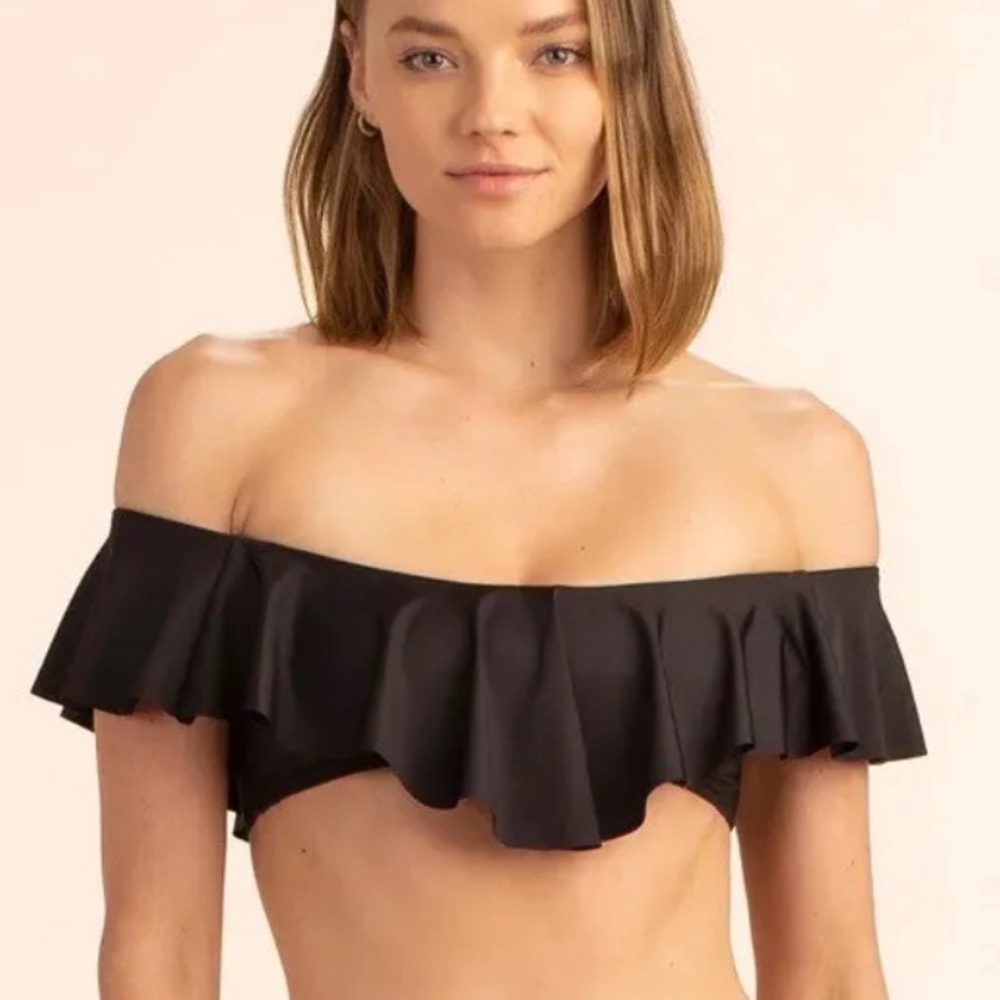 Trina Turk Monaco Solids Off the Shoulder Ruffle Bandeau Swim Top Black 14 NWT